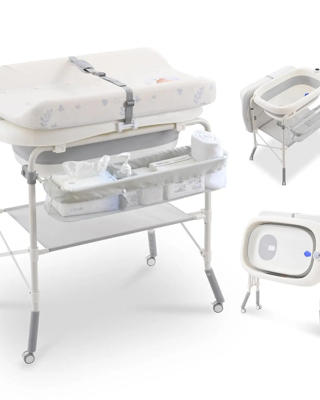 Wanan 2-in-1 Foldable Baby Changing Table with Bathtub, Adjustable Height with Wheels, Waterproof Pad, and Storage Rack for Infants