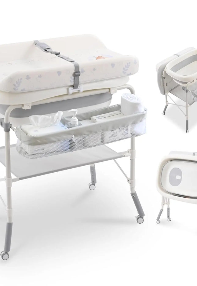 Wanan 2-in-1 Foldable Baby Changing Table with Bathtub, Adjustable Height with Wheels, Waterproof Pad, and Storage Rack for Infants