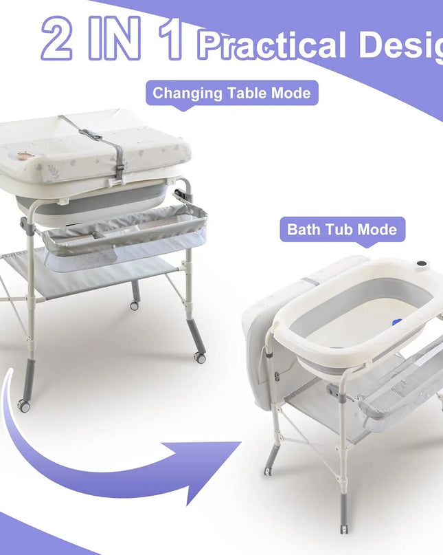 Wanan 2-in-1 Foldable Baby Changing Table with Bathtub, Adjustable Height with Wheels, Waterproof Pad, and Storage Rack for Infants