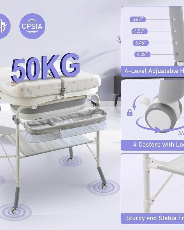 Wanan 2-in-1 Foldable Baby Changing Table with Bathtub, Adjustable Height with Wheels, Waterproof Pad, and Storage Rack for Infants