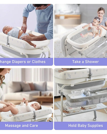 Wanan 2-in-1 Foldable Baby Changing Table with Bathtub, Adjustable Height with Wheels, Waterproof Pad, and Storage Rack for Infants