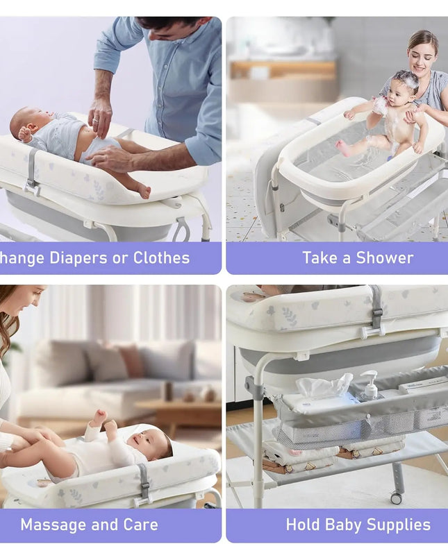 Wanan 2-in-1 Foldable Baby Changing Table with Bathtub, Adjustable Height with Wheels, Waterproof Pad, and Storage Rack for Infants