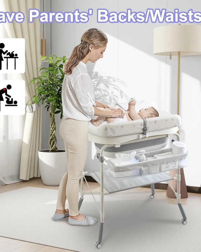 Wanan 2-in-1 Foldable Baby Changing Table with Bathtub, Adjustable Height with Wheels, Waterproof Pad, and Storage Rack for Infants