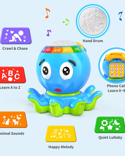 Colorful toy octopus with various interactive features on a light blue background