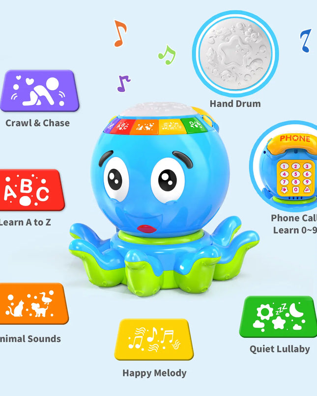 Colorful toy octopus with various interactive features on a light blue background