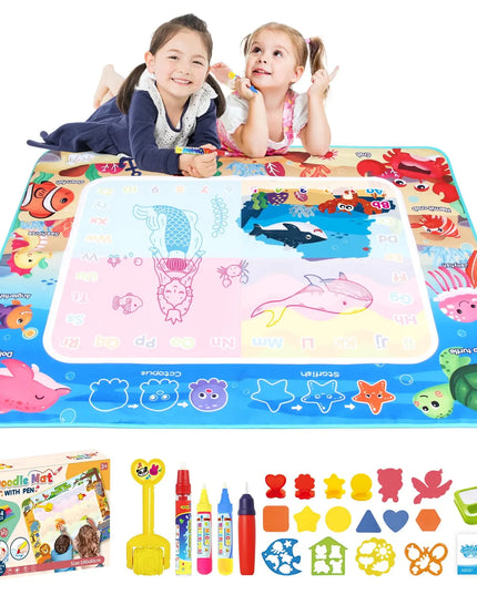 Two children playing with a colorful water drawing mat and accessories on a white background.