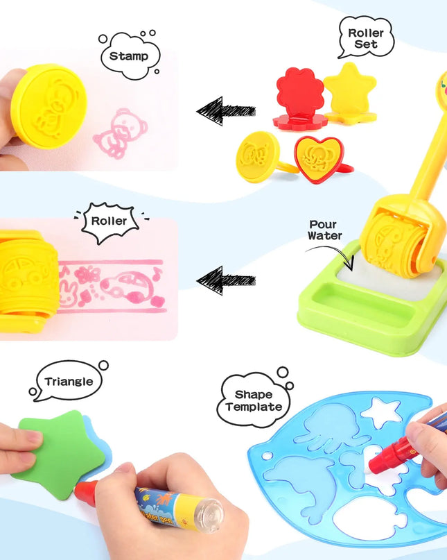 Collage of a sand art set with stamps, rollers, and shape templates on a light blue background.