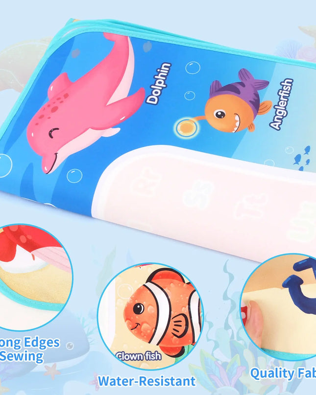 Children's swimming pool with cartoon fish designs on a blue background