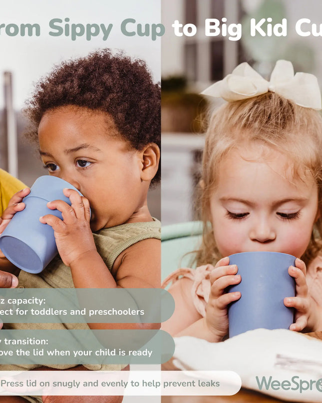 Two children using blue cups with text about transitioning from sippy cups to big kid cups.