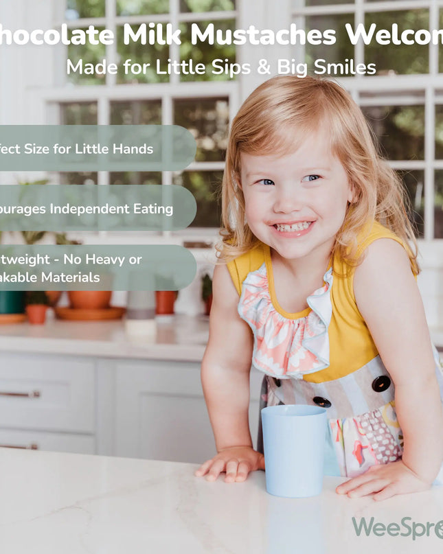 Child holding a blue cup with text about chocolate milk mustaches and WeeSprout branding.