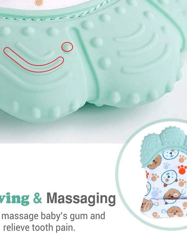 Teal silicone teething ring with cartoon hedgehog design on a white background