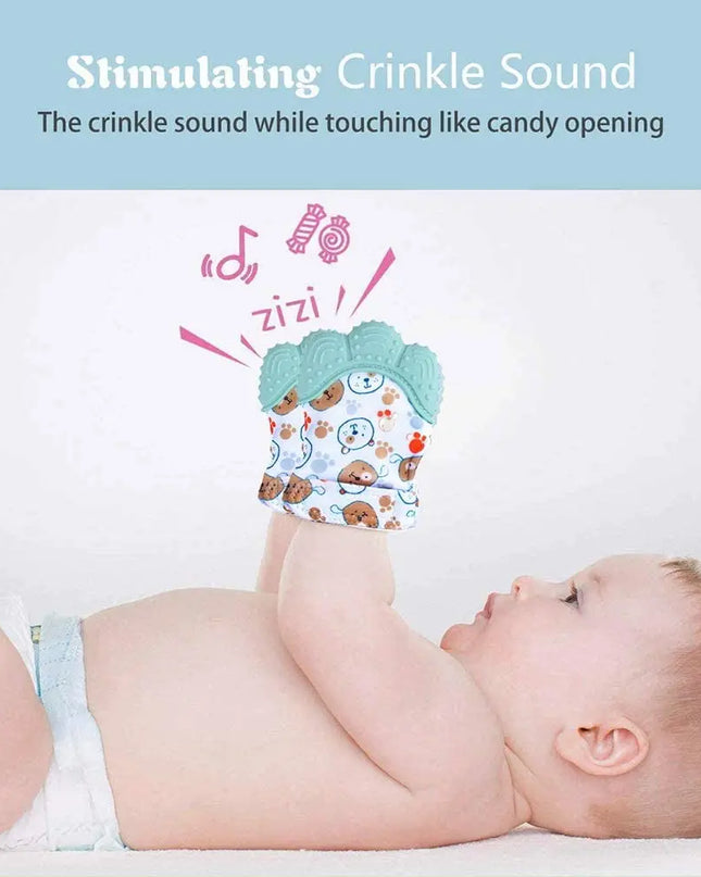 Baby holding a crinkle sound toy with text on a light blue background