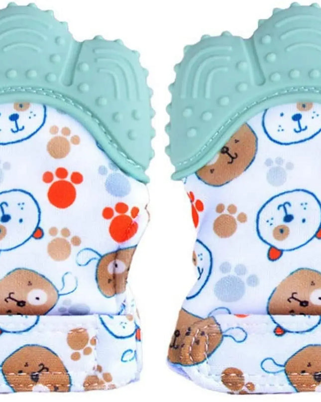 Pair of baby booties with paw print pattern and textured green tops on a white background