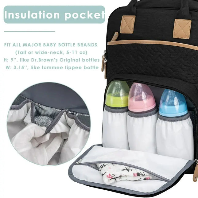 Black diaper bag with insulation pocket for baby bottles, showing fit for major brands.