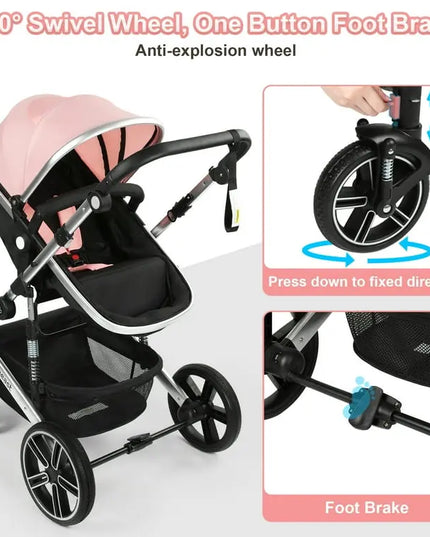 Vomeast Foldable Aluminum Alloy Baby Stroller with Reversible Bassinet