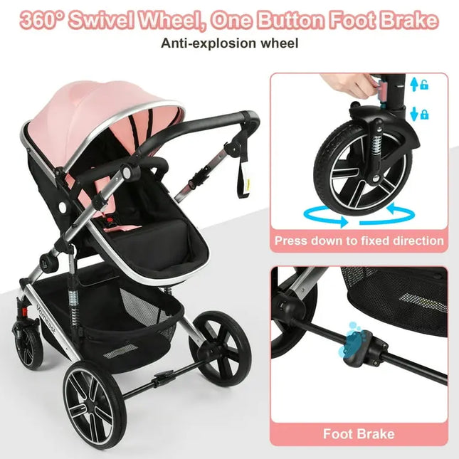 Vomeast Foldable Aluminum Alloy Baby Stroller with Reversible Bassinet
