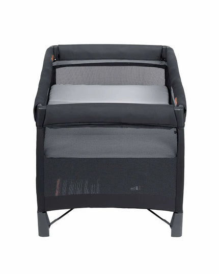 Black and gray crib with mesh sides on a white background