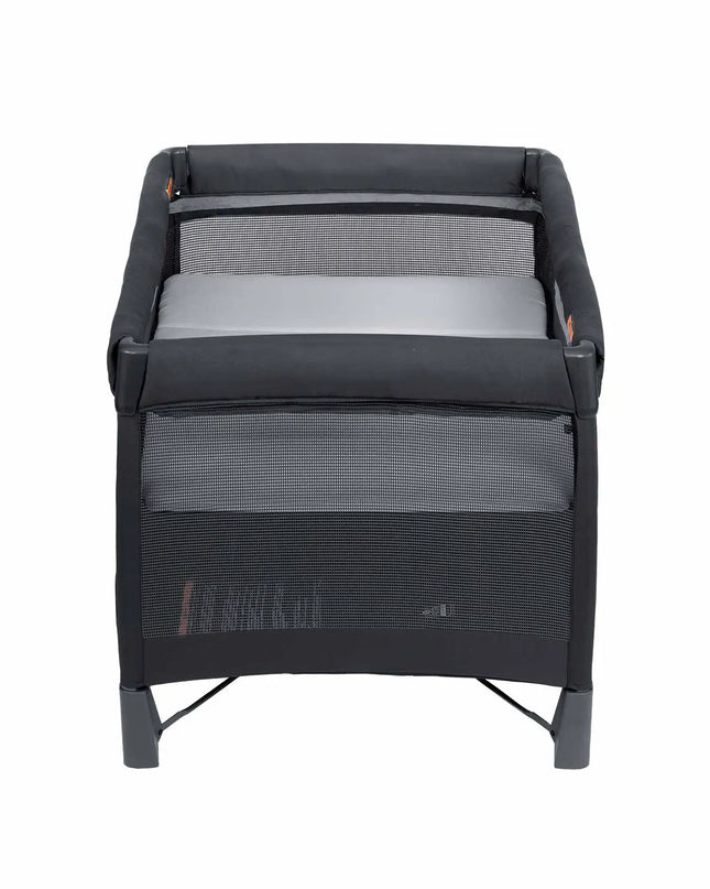 Black and gray crib with mesh sides on a white background