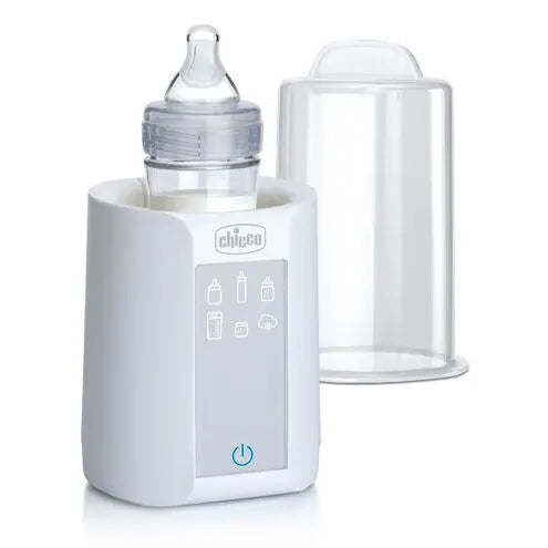 White baby bottle warmer with a clear bottle on a white background