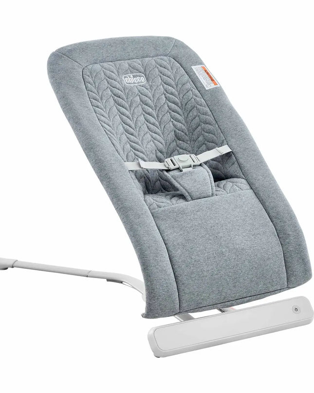 Gray baby bouncer with white base on a white background