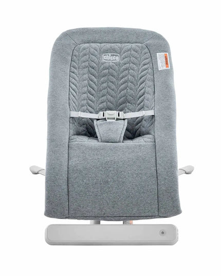 Gray baby bouncer with quilted backrest on a white background