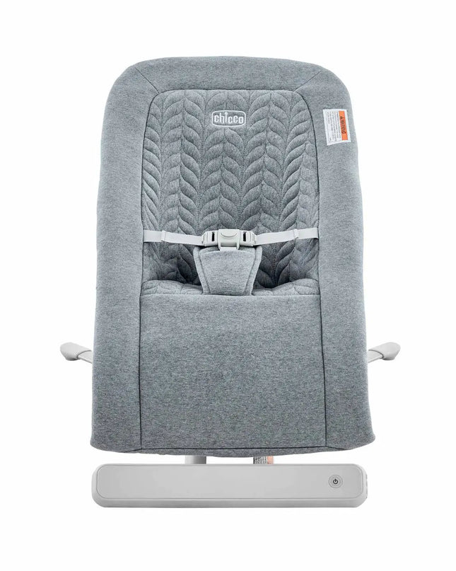 Gray baby bouncer with quilted backrest on a white background