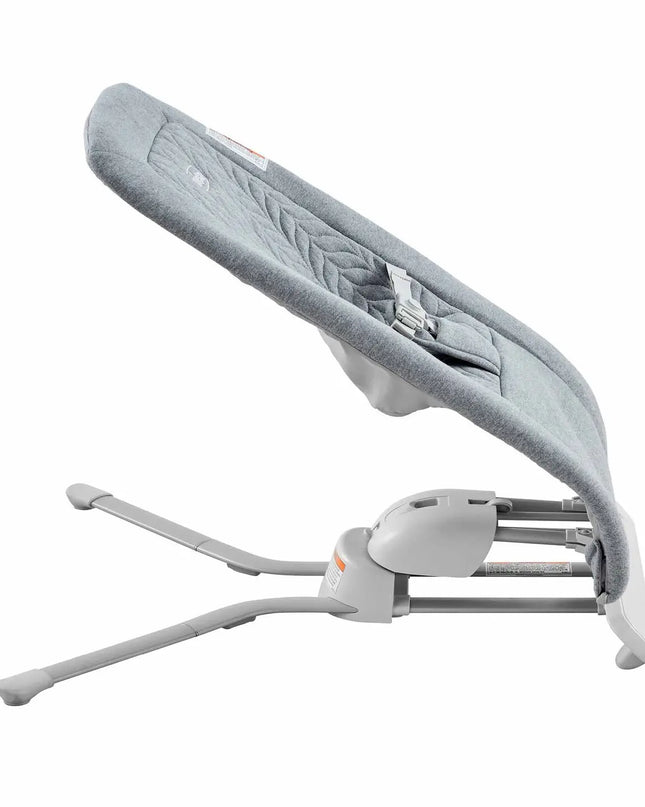 Gray baby bouncer with adjustable legs on a white background