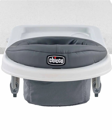 Gray baby seat with white base on a white background, featuring the Chicco brand.