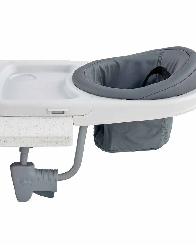 Baby seat with tray attached to a vehicle, on a white background
