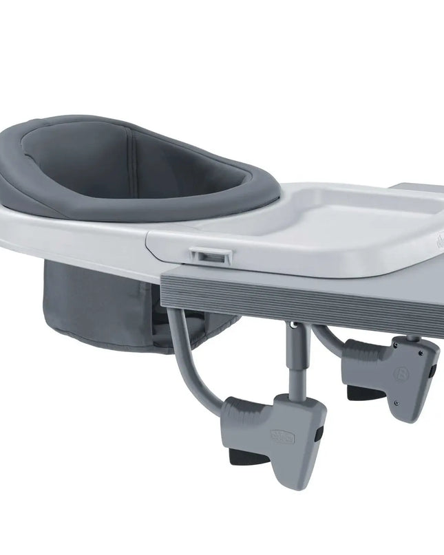 Gray baby dining seat with tray on a white background