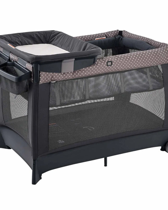 Black and gray baby playpen with wheels on a white background