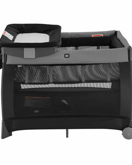 Black and gray baby playpen on a white background