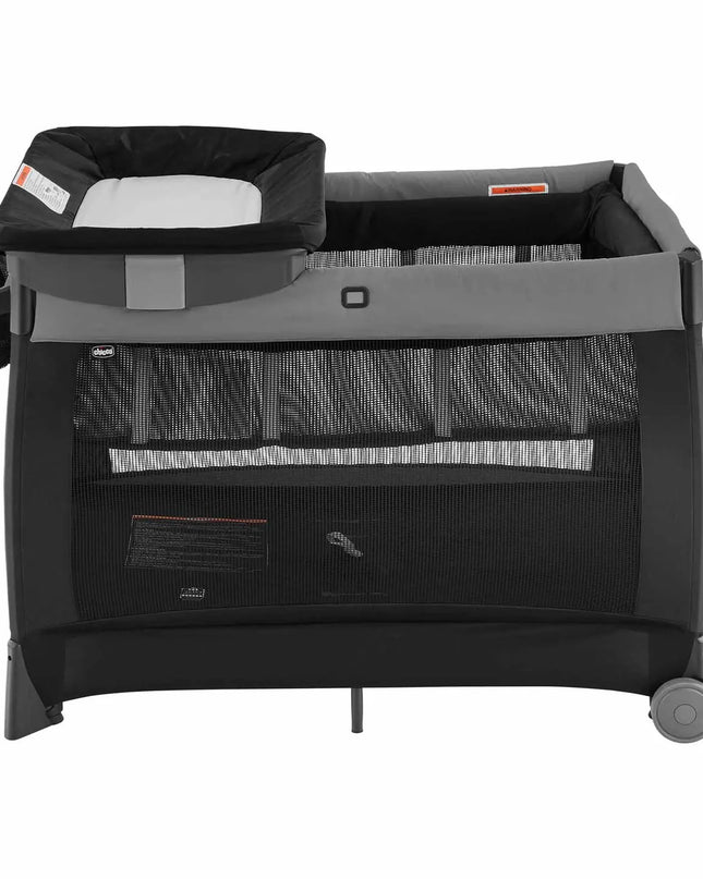 Black and gray baby playpen on a white background
