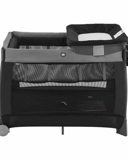 Black and gray baby playpen with a folded blanket on a white background