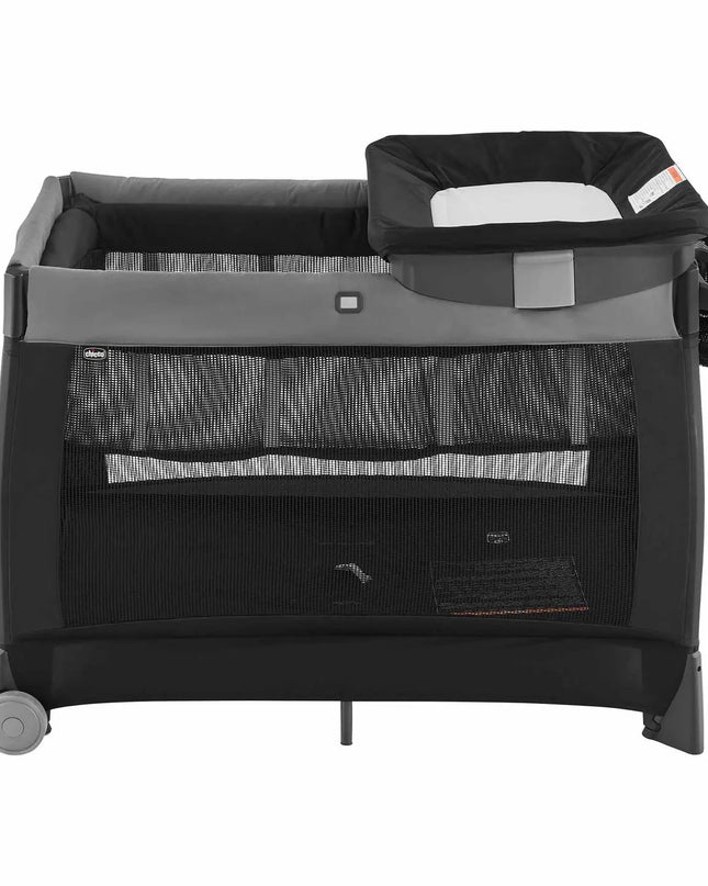 Black and gray baby playpen with a folded blanket on a white background