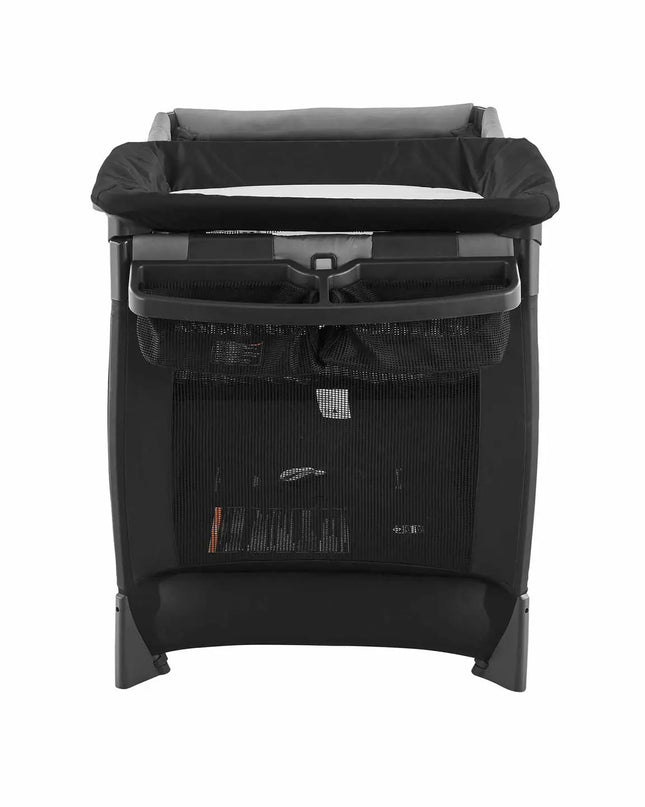 Black baby stroller with canopy on a white background