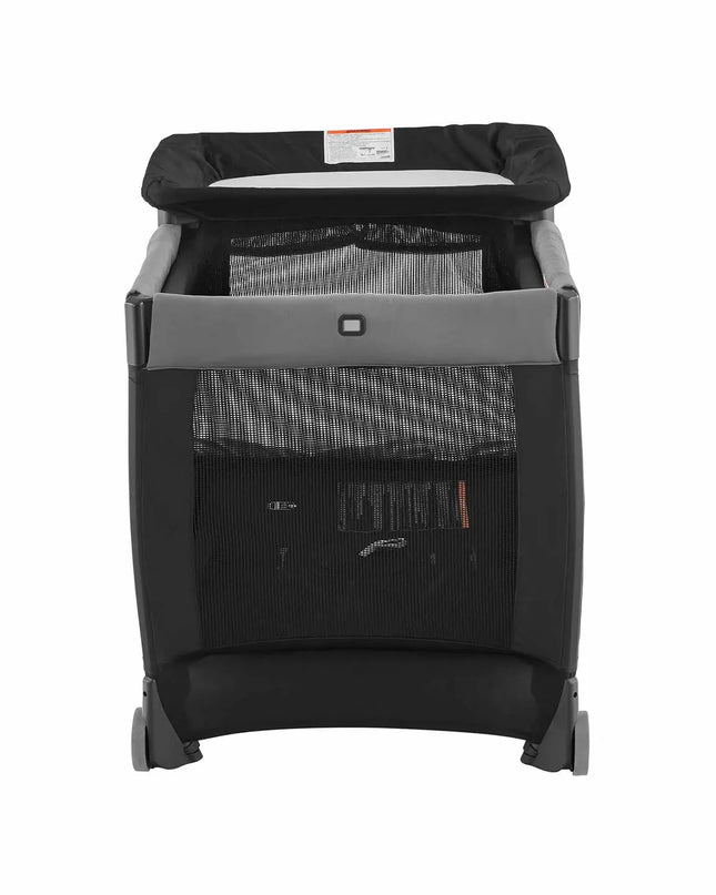 Black and gray baby crib on a white background