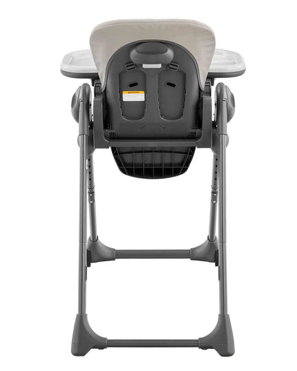 Gray high chair with a white tray on a white background