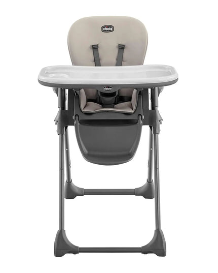 Gray high chair with a tray on a white background