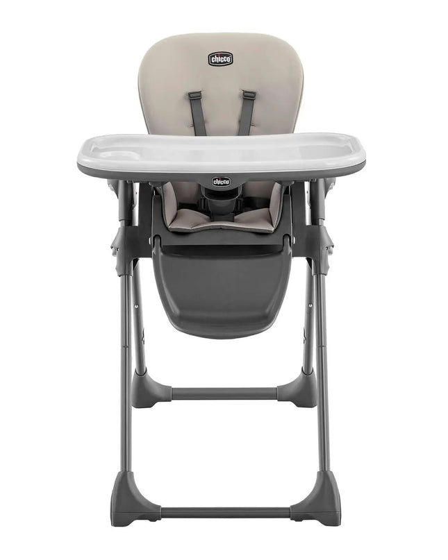 Gray high chair with a tray on a white background