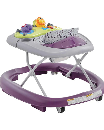 Baby walker with colorful toys on a white background