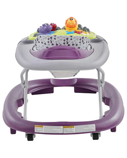 Purple and gray baby walker with colorful toys on a white background