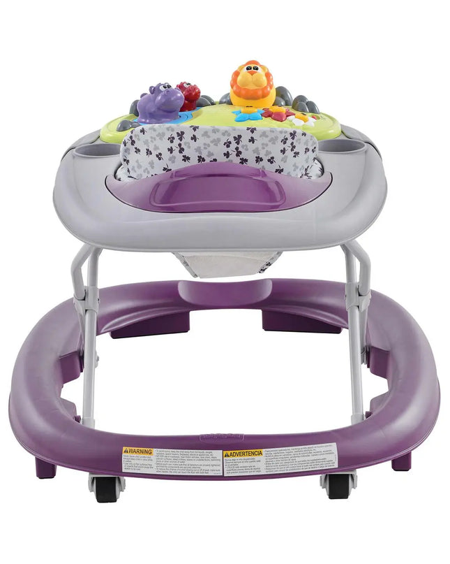 Purple and gray baby walker with colorful toys on a white background
