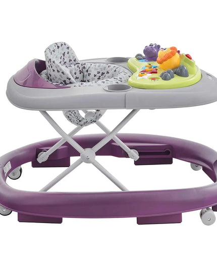 Purple and gray baby walker with colorful toy on a white background