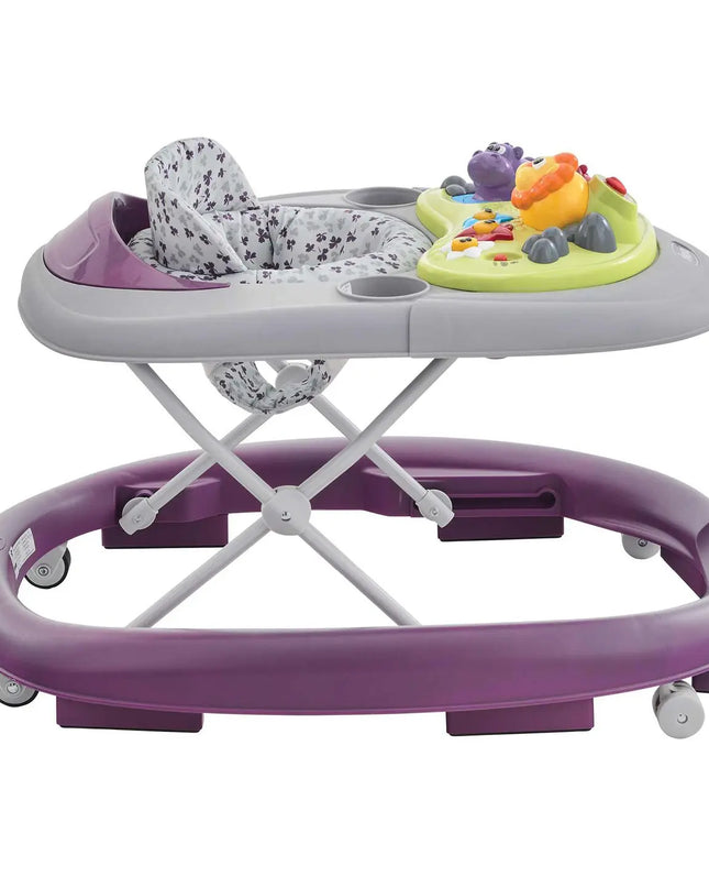 Purple and gray baby walker with colorful toy on a white background