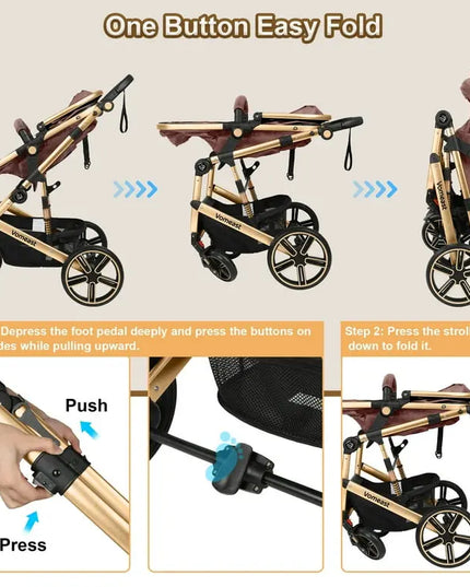 Vomeast Foldable Aluminum Alloy Baby Stroller with Reversible Bassinet
