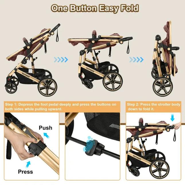 Vomeast Foldable Aluminum Alloy Baby Stroller with Reversible Bassinet