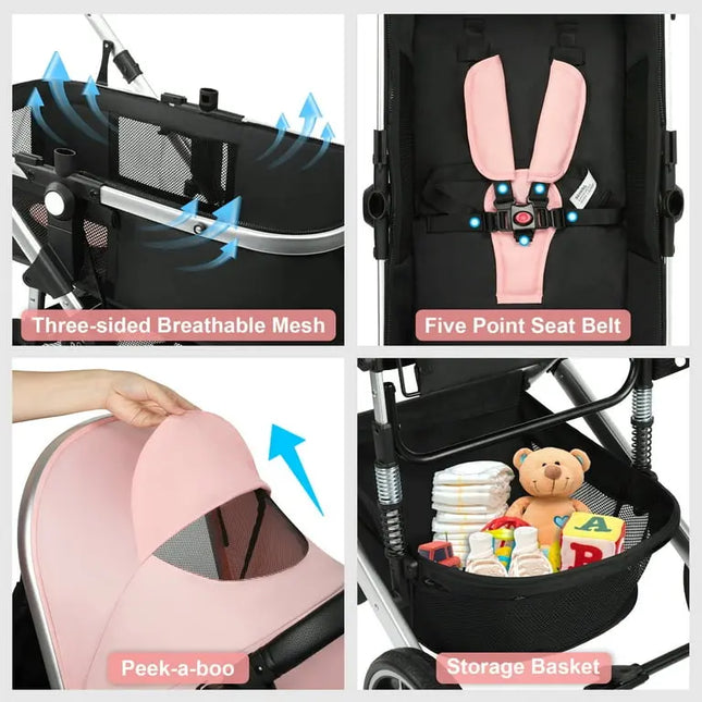 Vomeast Foldable Aluminum Alloy Baby Stroller with Reversible Bassinet