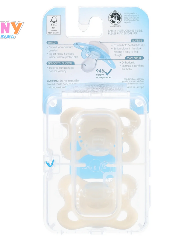 MAM Night Pacifier, 0-6 Months, Unisex, 2 Pack with Self-Sterilizing Case