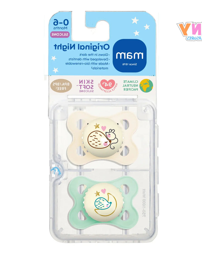 MAM Night Pacifier, 0-6 Months, Unisex, 2 Pack with Self-Sterilizing Case